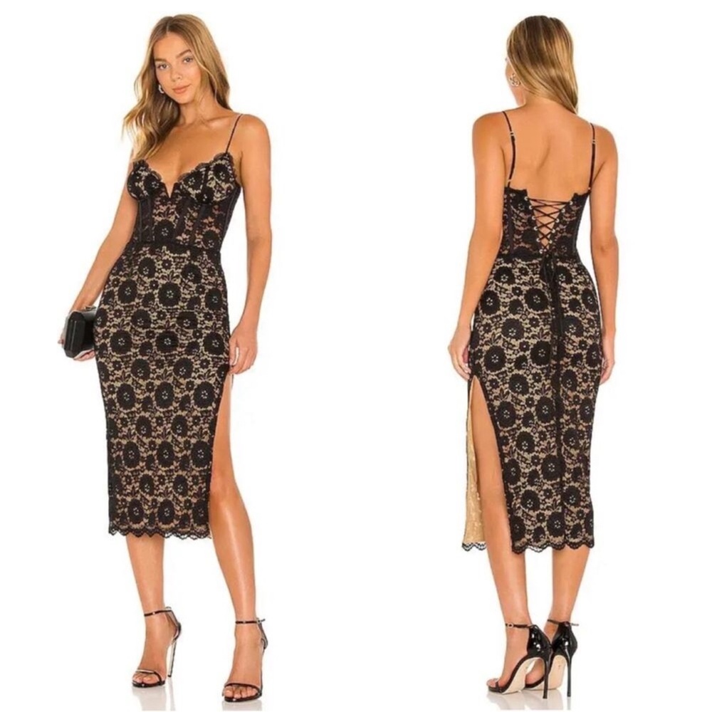 V. Chapman Giselle Black Lace Corset Midi Dress Size 2